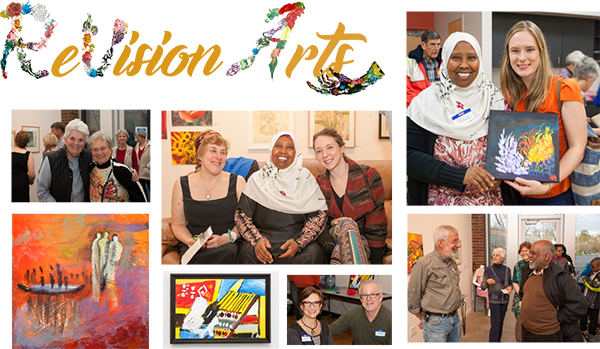 Collage of people and artwork at ReVision Arts exhibitions