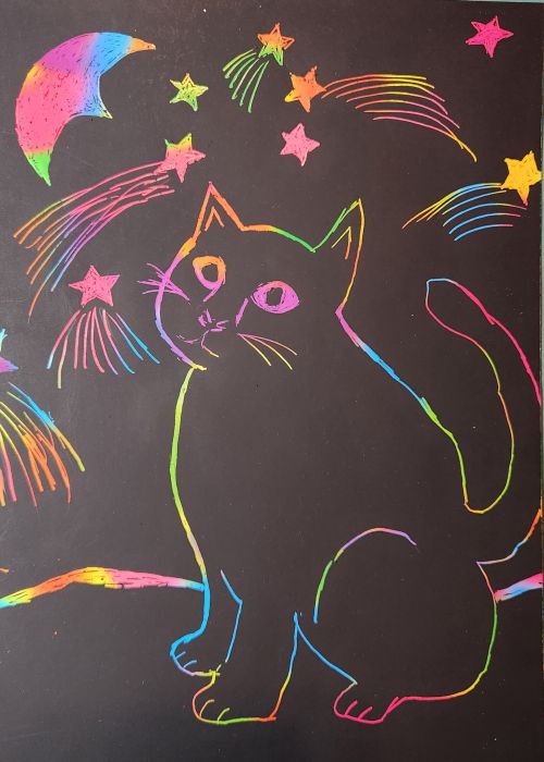 Scratch art cat by Sandra Pressley