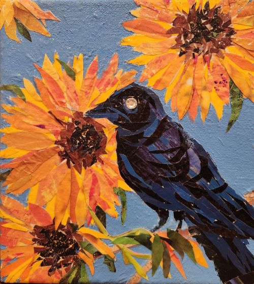 Paper mosaic of black bird and orange flowers by Sandra Pressley