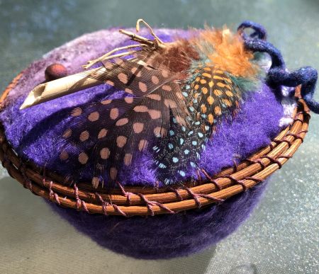 Purple Bowl with Bamboo and Feathers, mixed media by Doriane Nieburgs